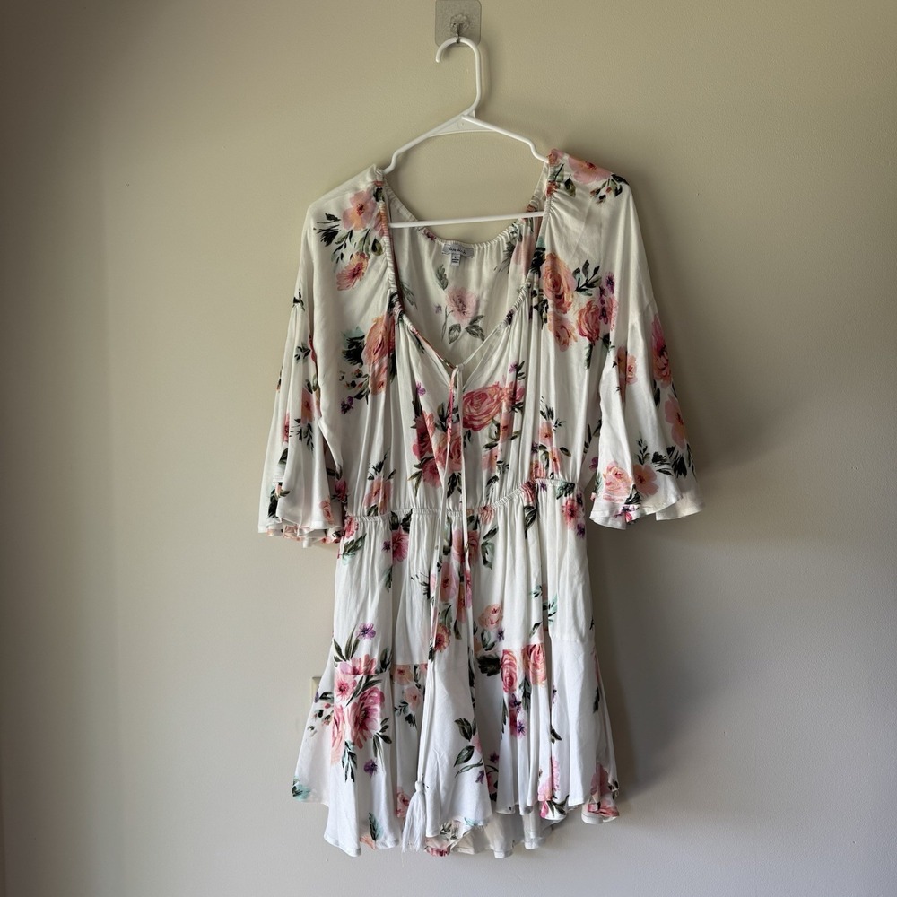 White Birch Floral Mini Romper L White Pink Rose Flutter Bell Sleeve Rayon Boho